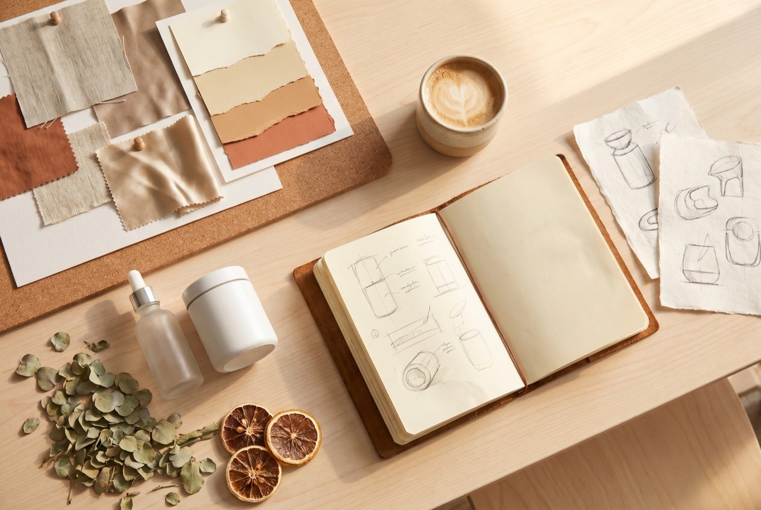 A beauty founder's desk with product sketches, a moodboard, packaging samples, and swatches