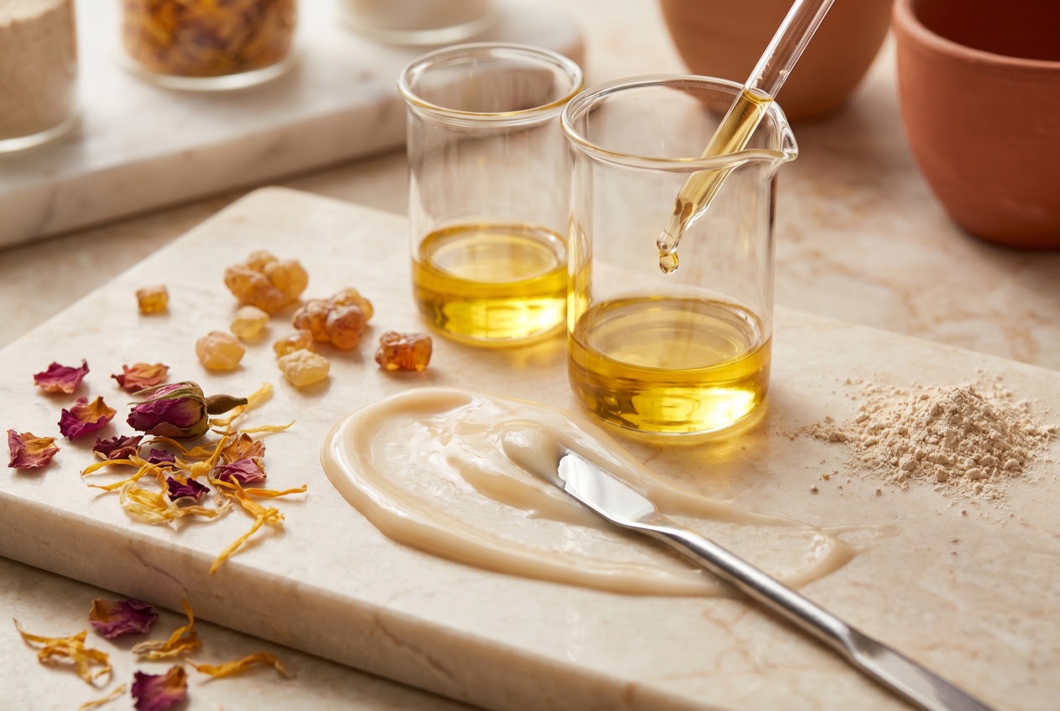 Cosmetic formulation in progress — beakers of oil, a pipette, a cream swatch, and botanical ingredients