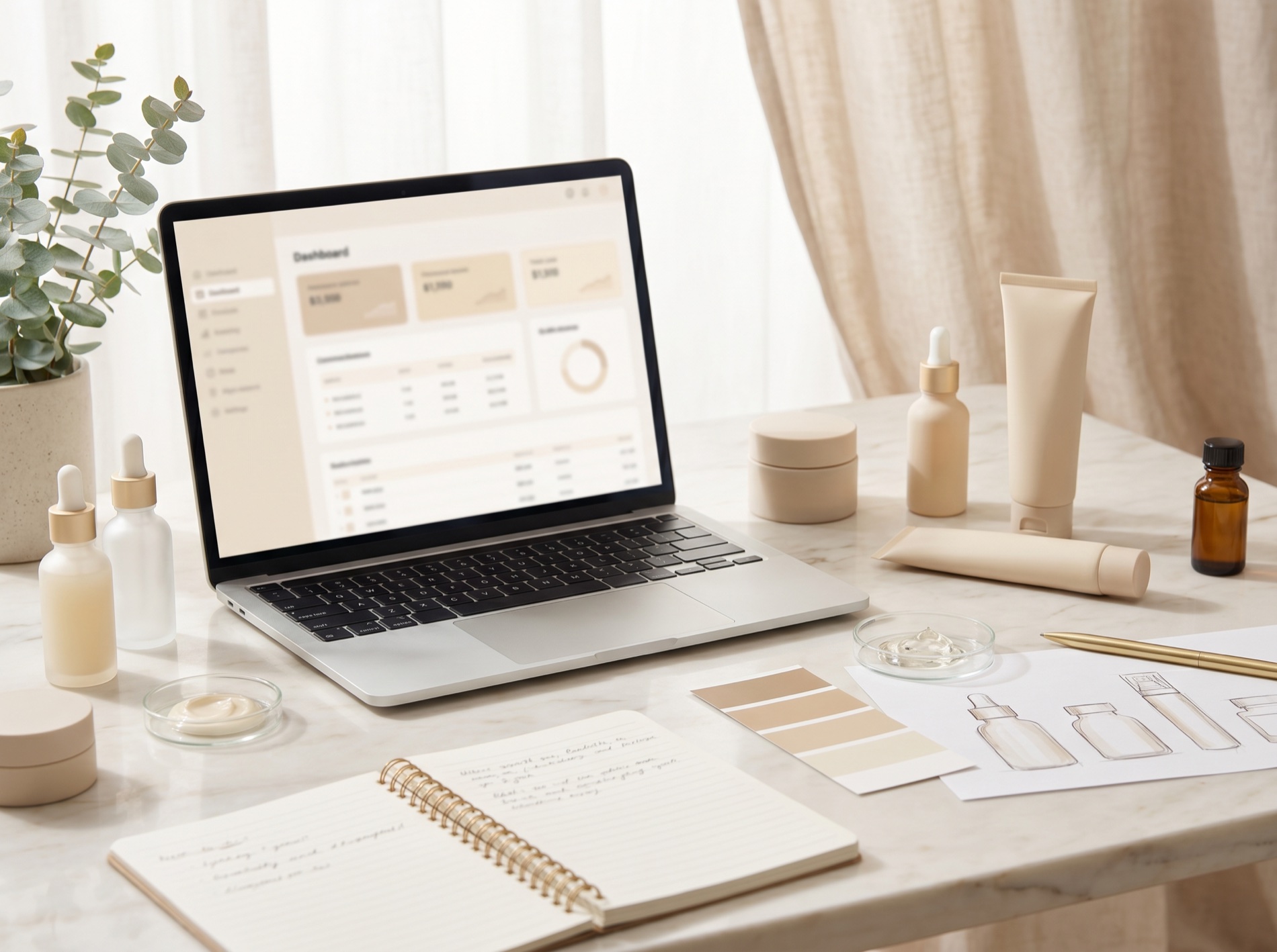 A beauty founder's desk — a laptop showing a product roadmap surrounded by skincare products, samples, swatches, and design sketches