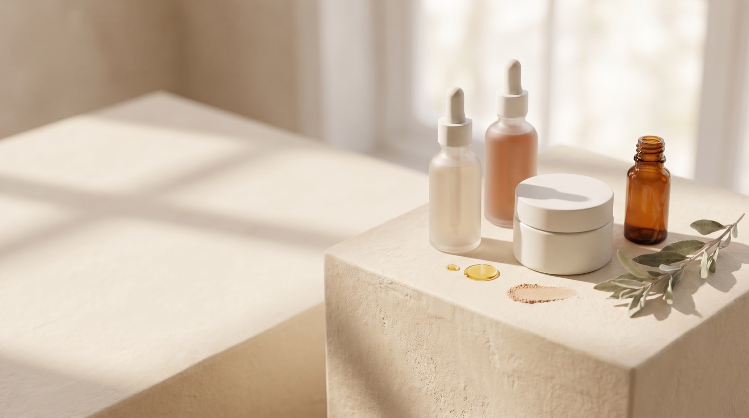 Unbranded beauty products styled on a warm plinth in soft natural light