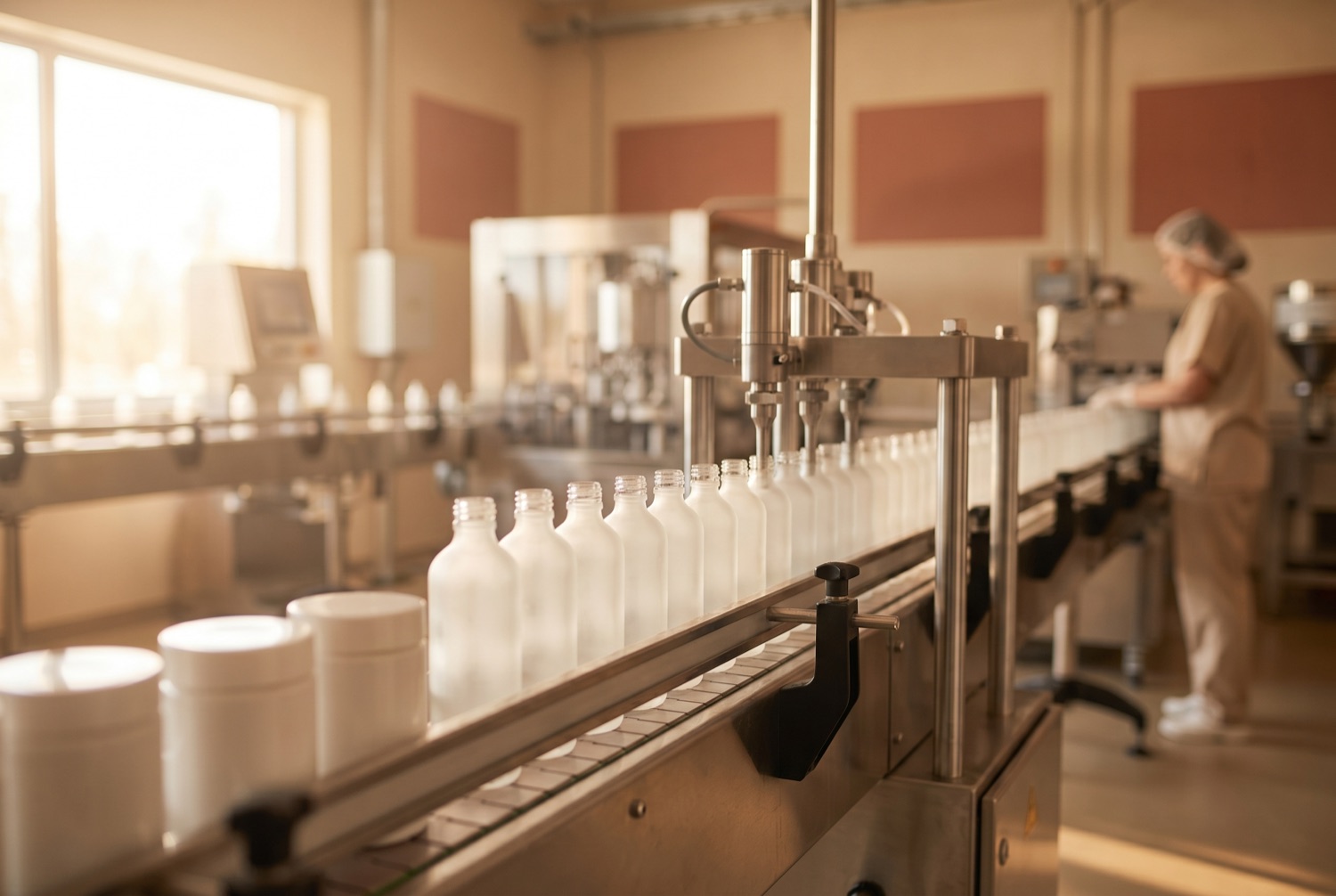 A clean cosmetics production and filling line with unbranded bottles and jars