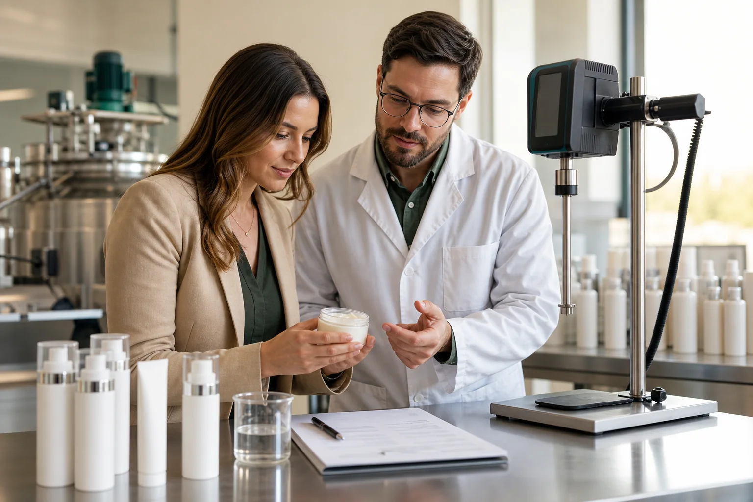 Cosmetic chemist and beauty brand operator reviewing an existing cream formula for manufacturing transfer