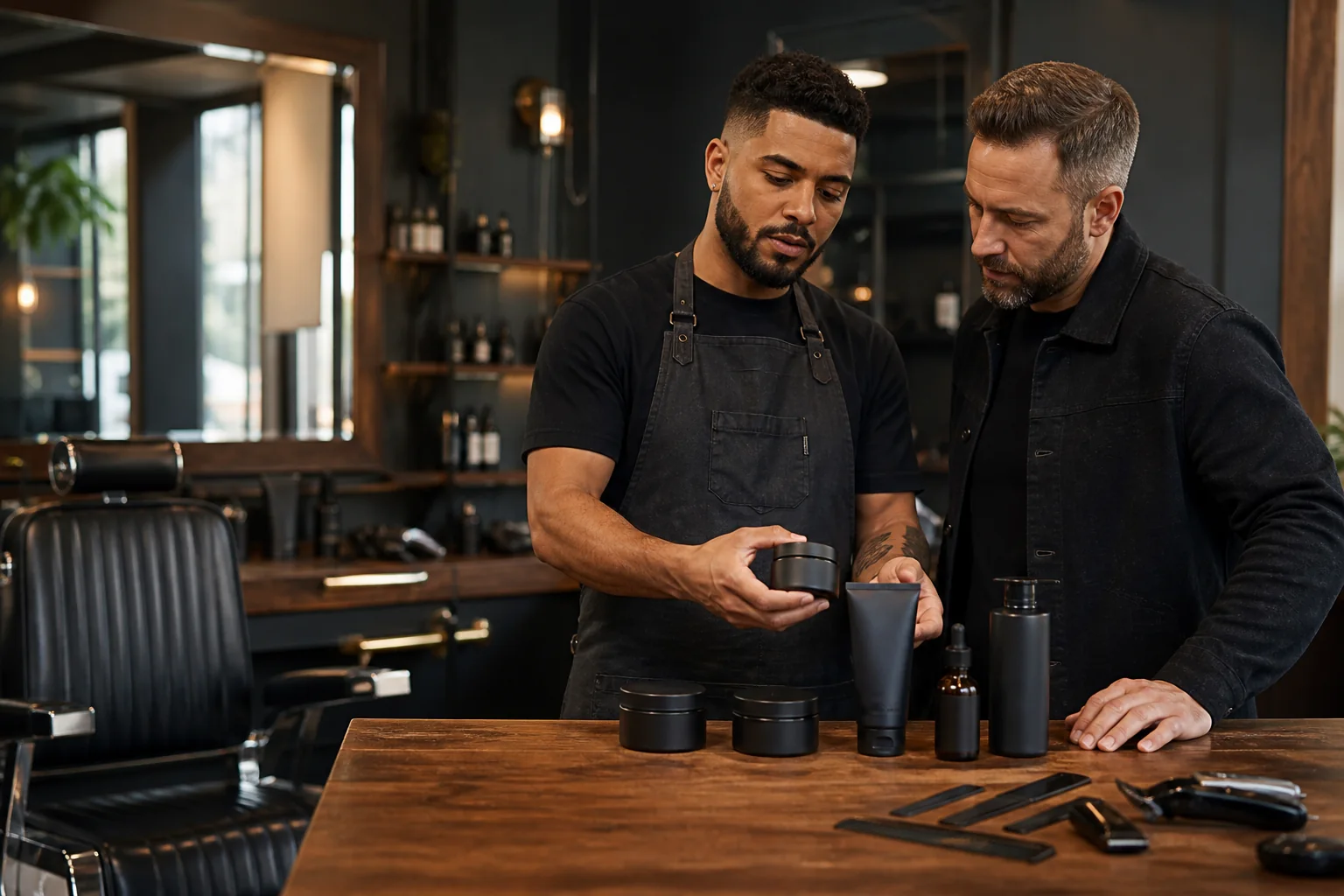 Barber and barbershop owner reviewing unbranded styling and grooming product packages at a professional workstation