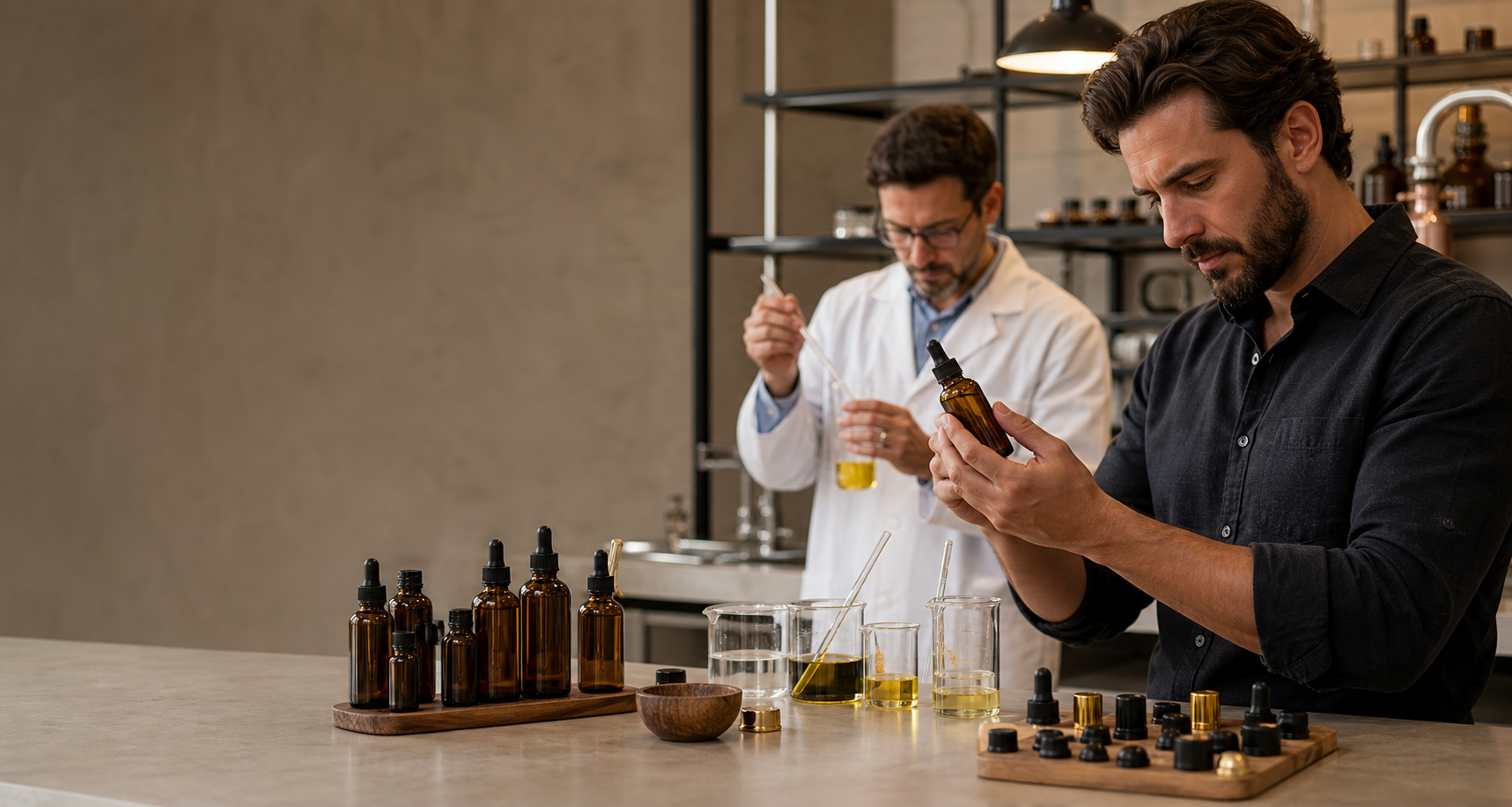 Beard oil formula and dropper bottle evaluation in a mens grooming formulation laboratory