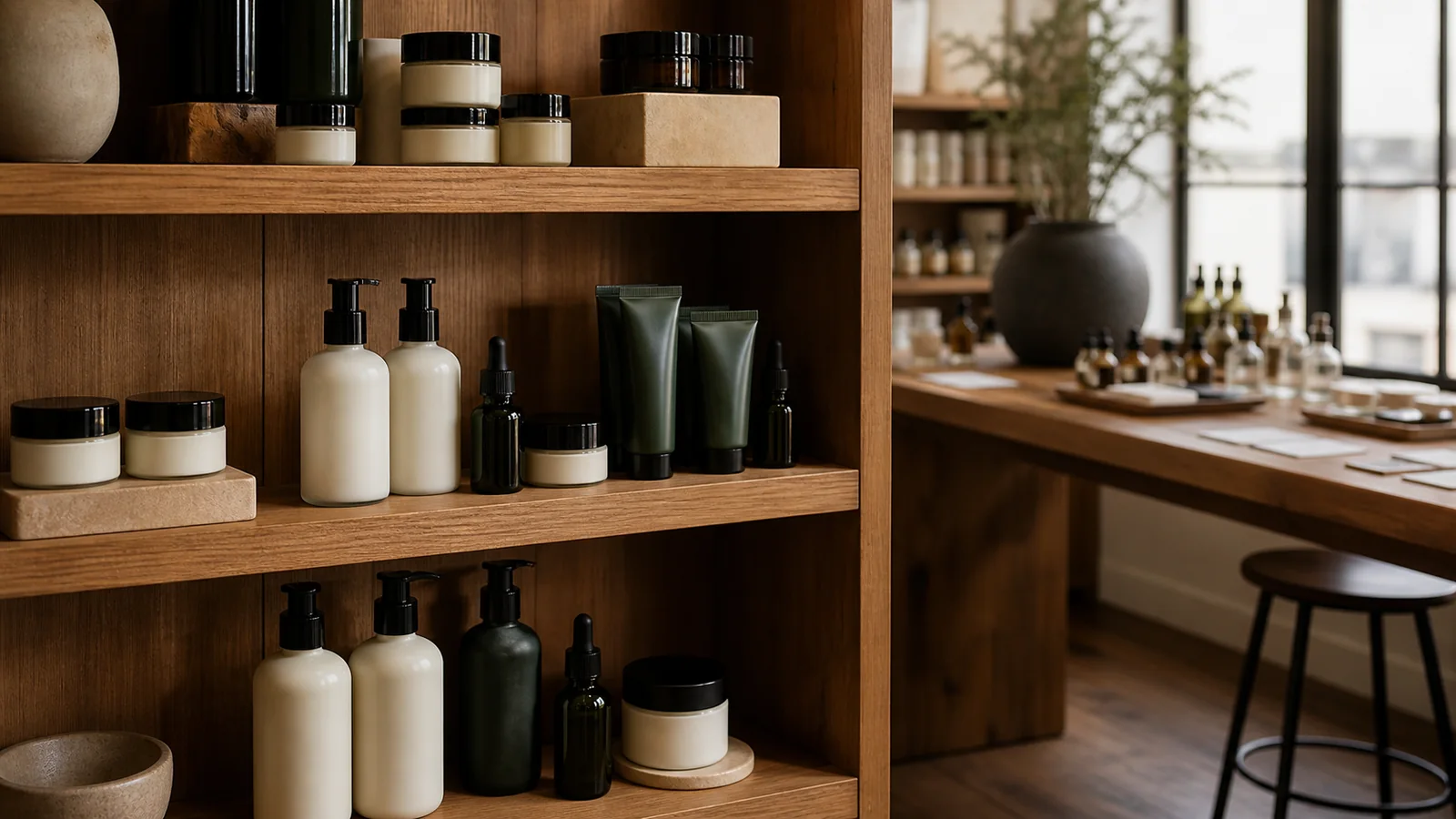 Unlabeled beauty jars, bottles, pumps, and tubes displayed on warm wood shelves in an independent boutique