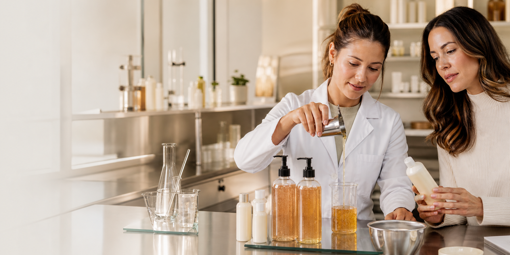Body wash viscosity and packaging review inside a cosmetic manufacturing laboratory