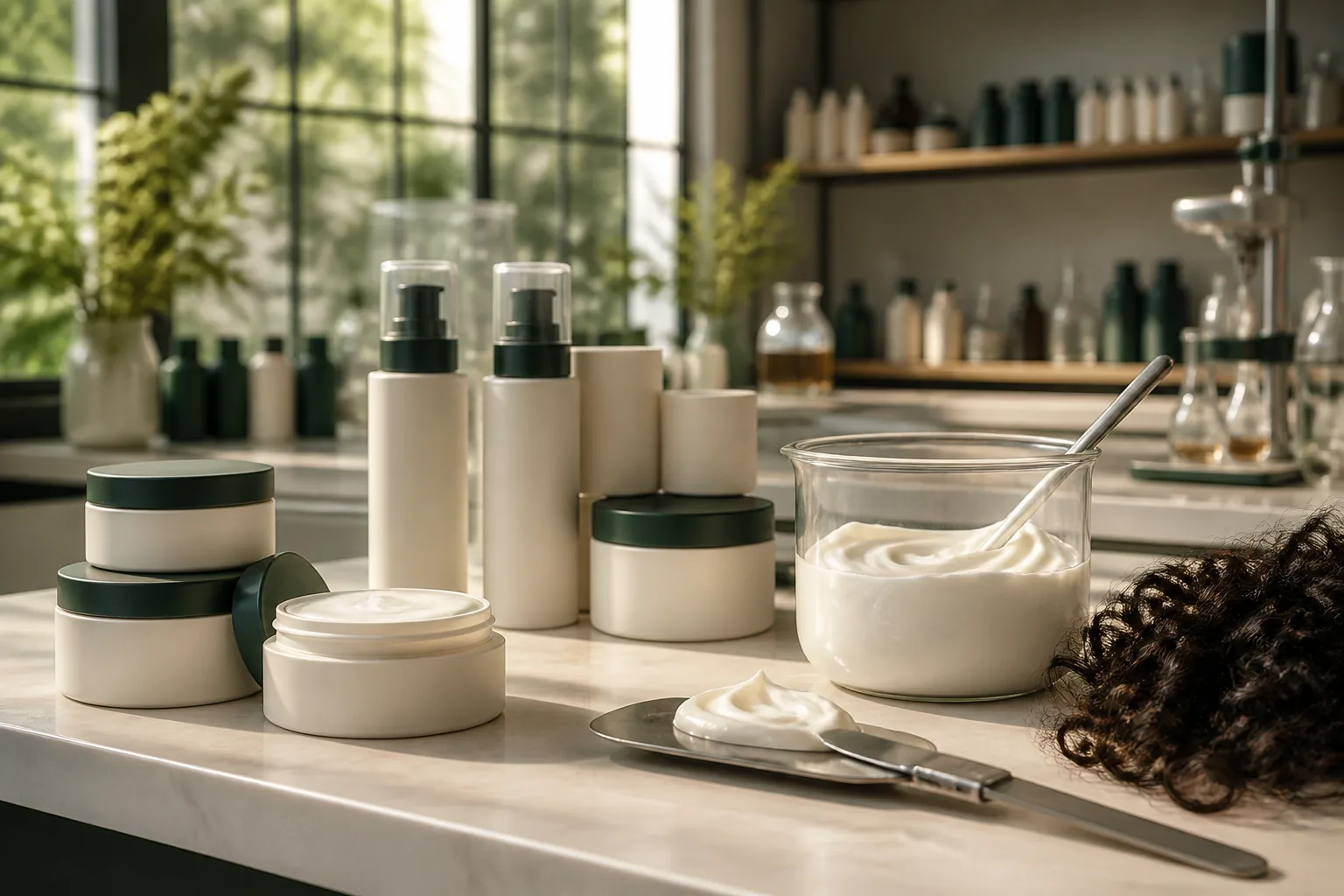 Unlabeled curl cream jars, airless pumps, and a beaker of rich styling cream on a cosmetic laboratory workbench