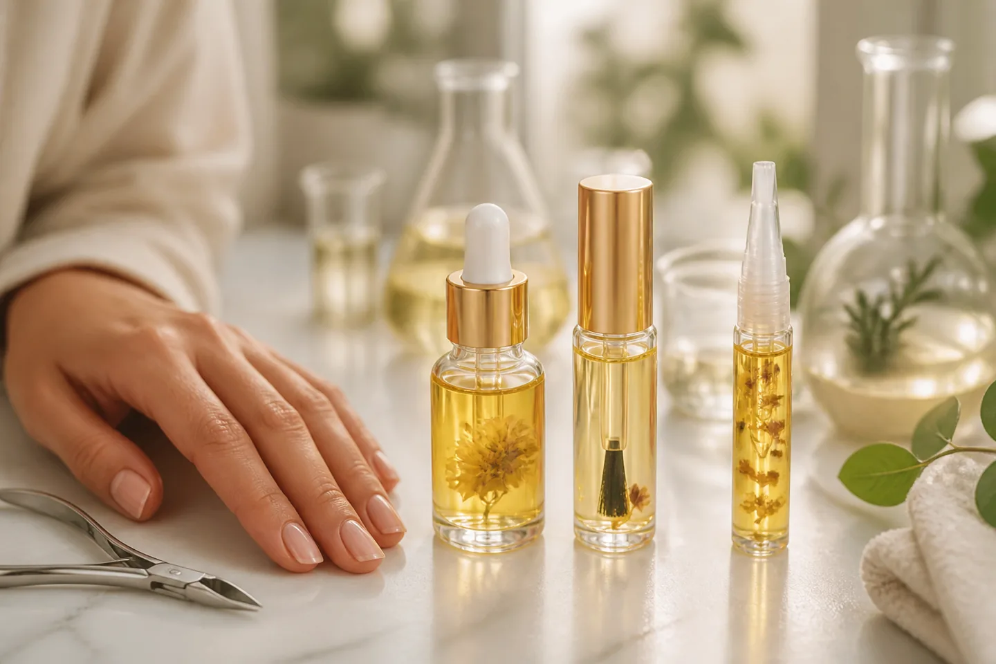 Unlabeled golden cuticle oil bottles with brush, dropper, and pen applicators beside a manicure setting