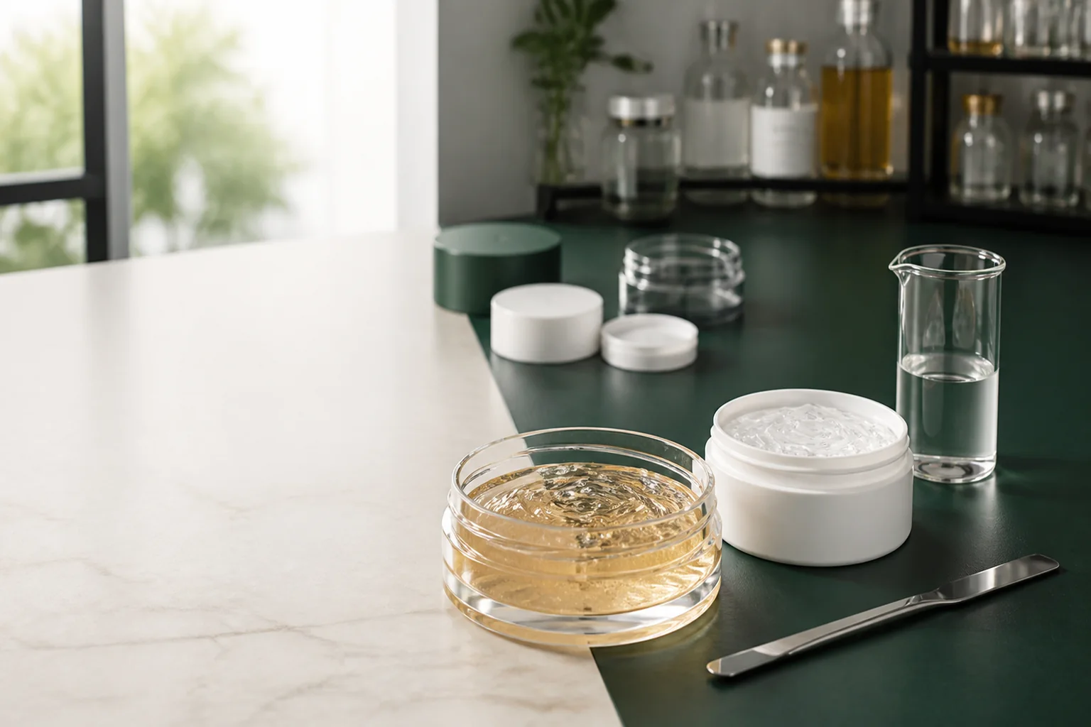 Unlabeled edge control jars with clear styling gel, a cosmetic spatula, and a laboratory beaker on a clean workbench