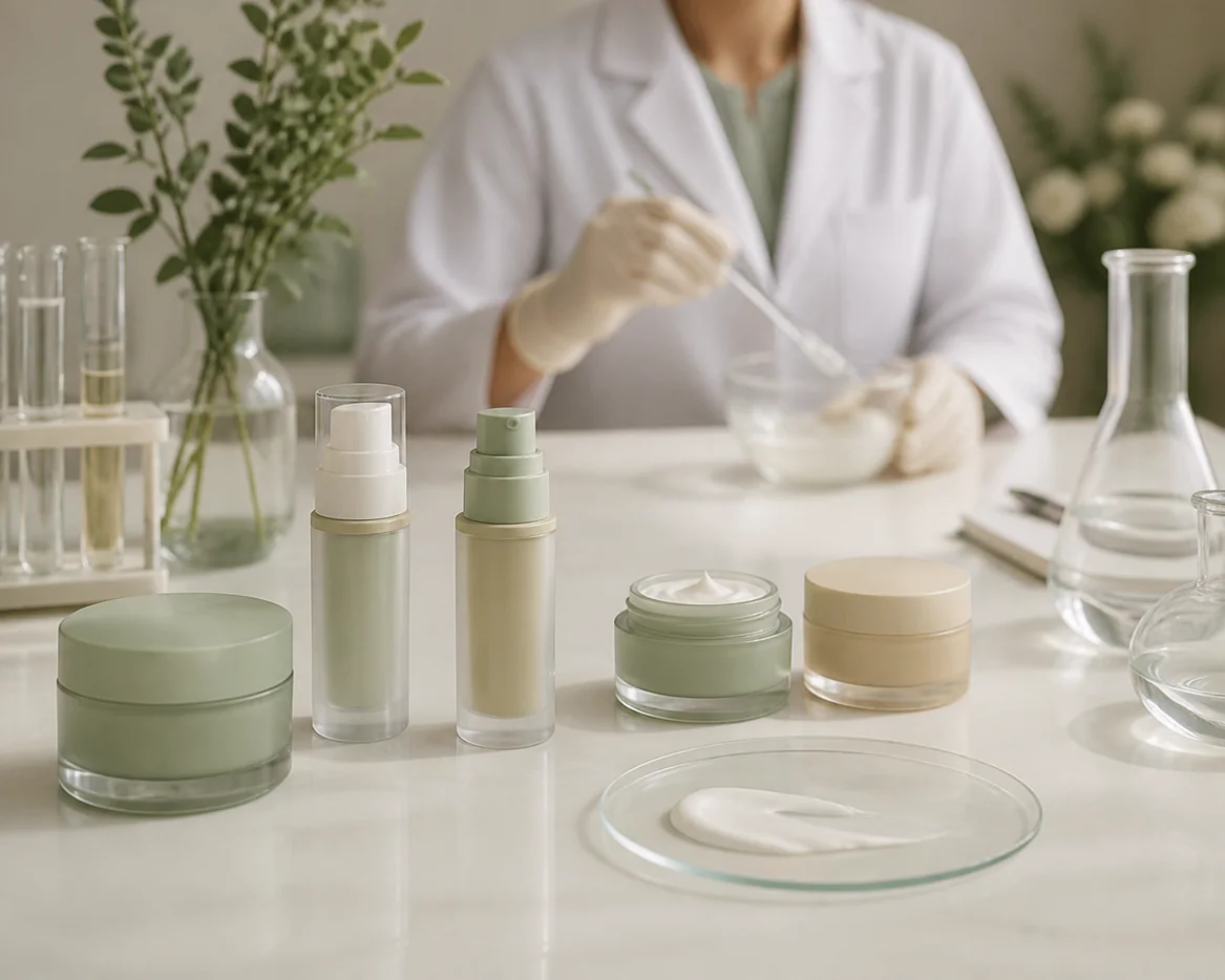 Unlabeled eye cream jars and airless pumps on a clean cosmetic formulation workbench