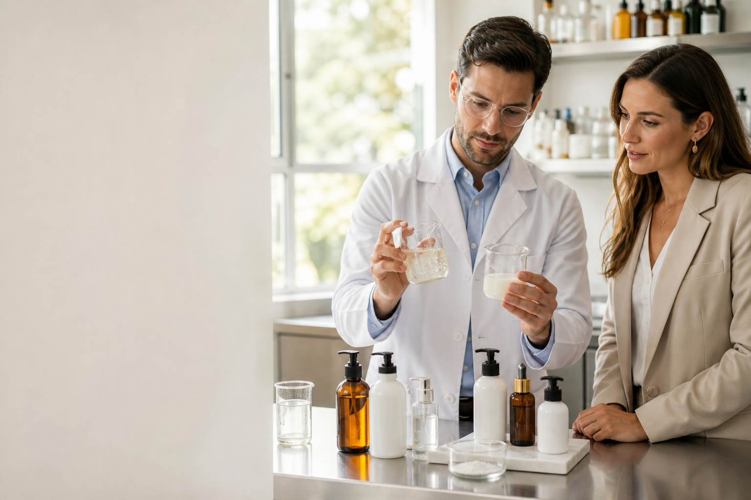 Facial cleanser texture and packaging review in a cosmetic formulation laboratory