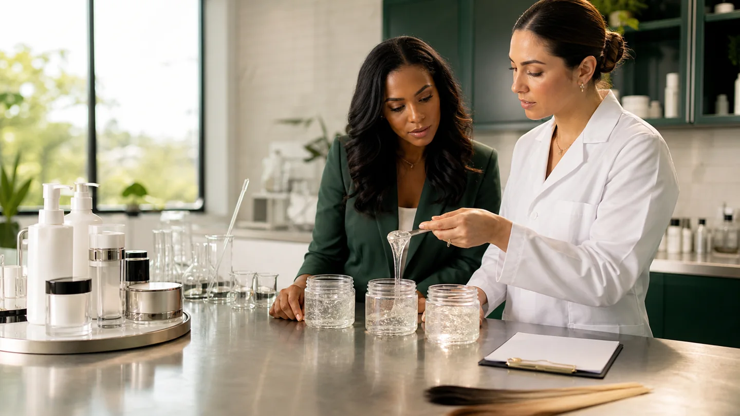 Cosmetic chemist and hair care founder evaluating clear unlabeled hair gel samples in a formulation laboratory