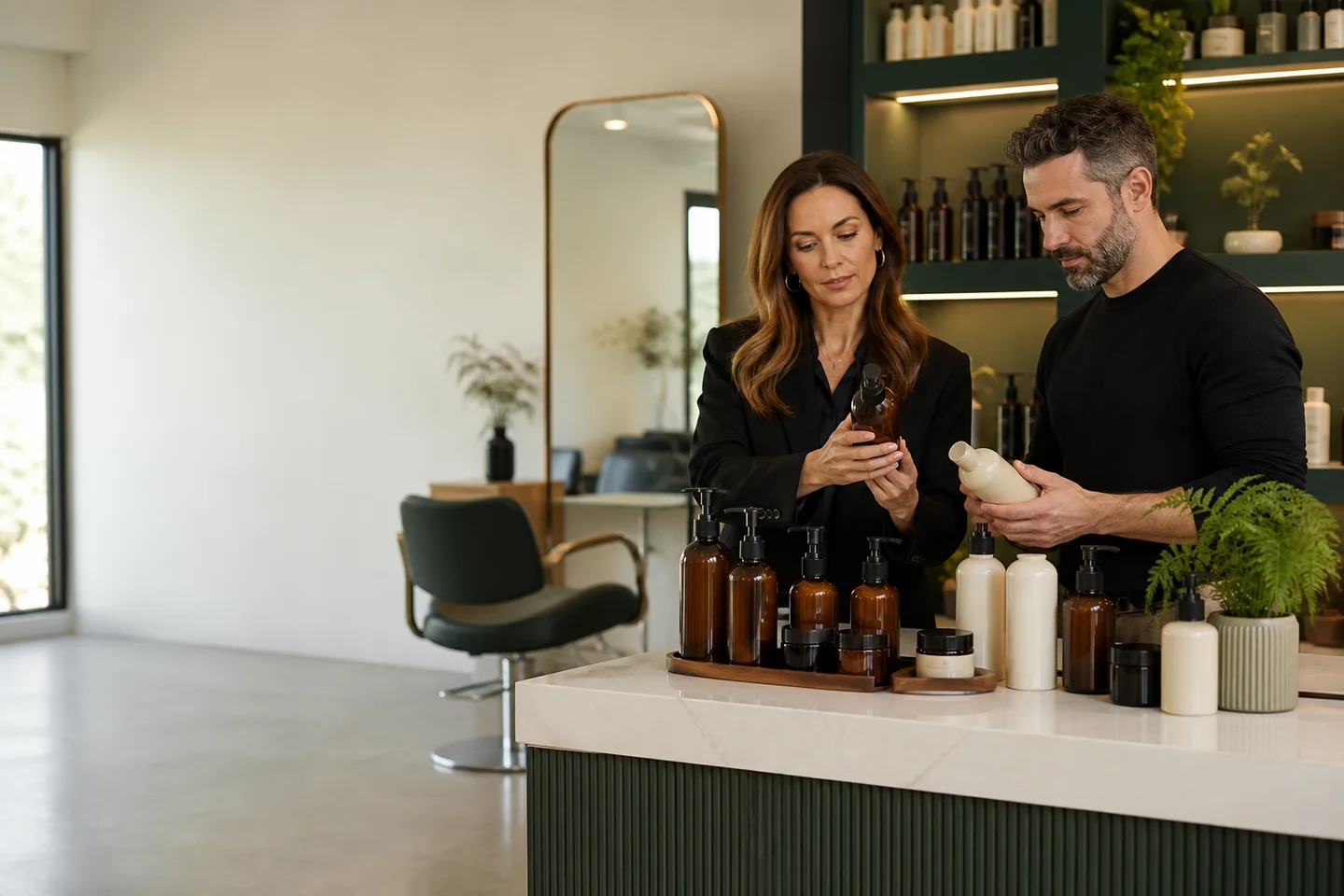 Salon owner and hairstylist reviewing unbranded professional backbar and take-home hair product packaging