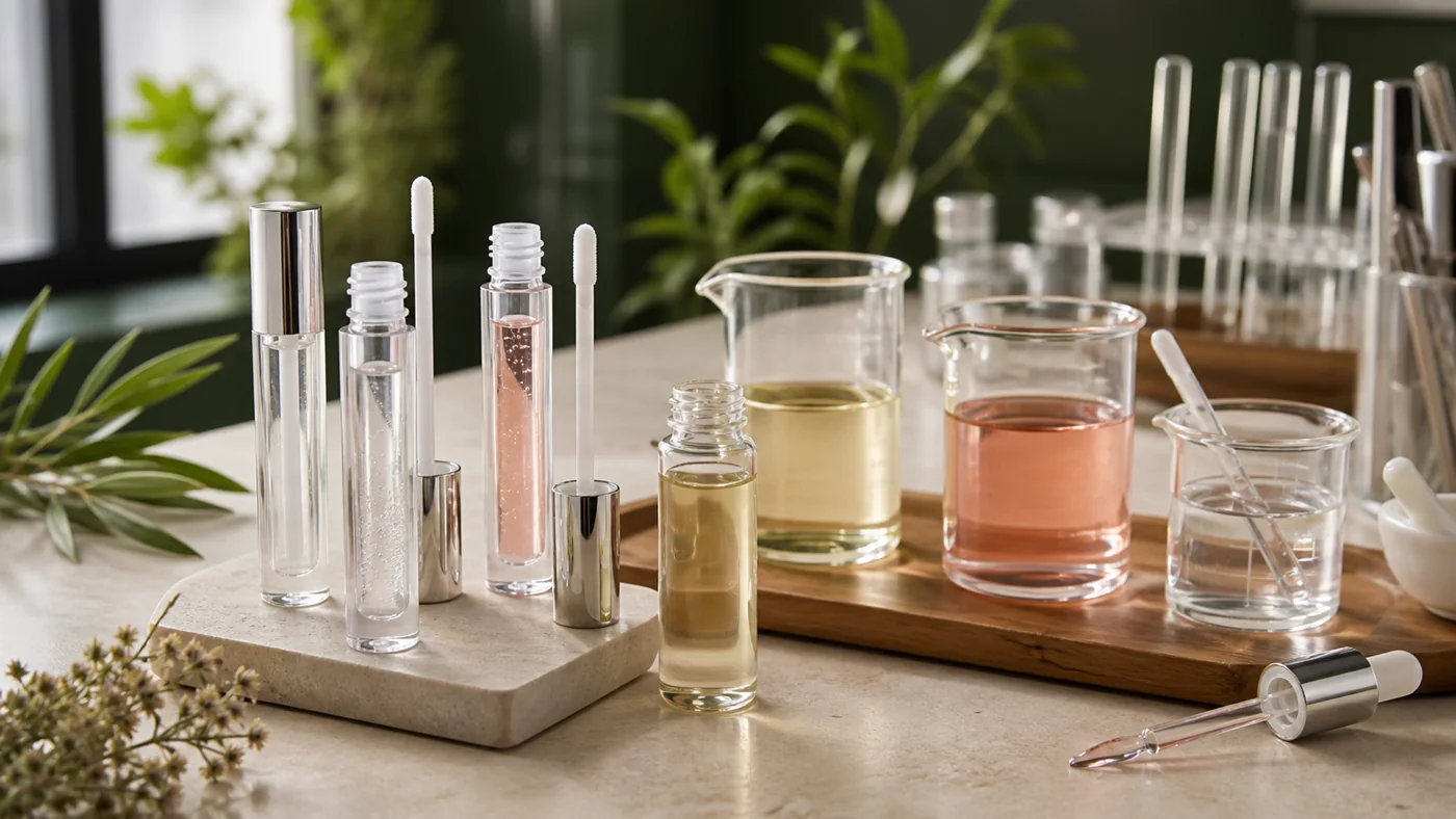 Unlabeled clear lip oil tubes, applicators, and cosmetic oils on a formulation workbench