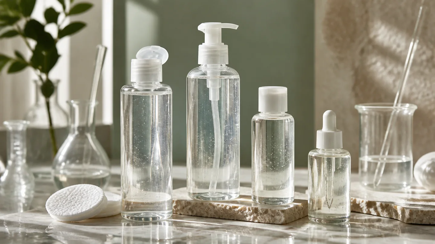 Unlabeled clear micellar cleansing water bottles with laboratory glassware and a cotton cleansing pad