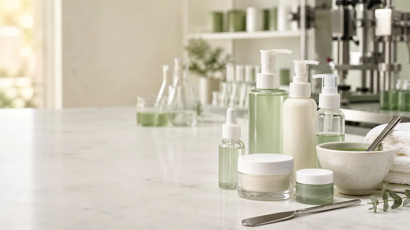 Unlabeled facial skincare bottles, cream jars, treatment bowl, and towels in a clean cosmetic formulation lab