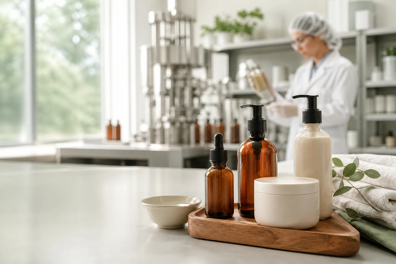 Unlabeled spa oils, lotion, cream jar, towels, and treatment bowl in a clean cosmetic manufacturing lab