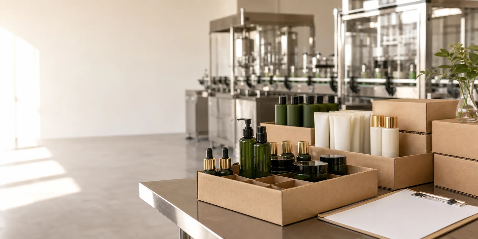 Unlabeled cosmetic bottles and jars organized in retail case packs beside a clean manufacturing filling line