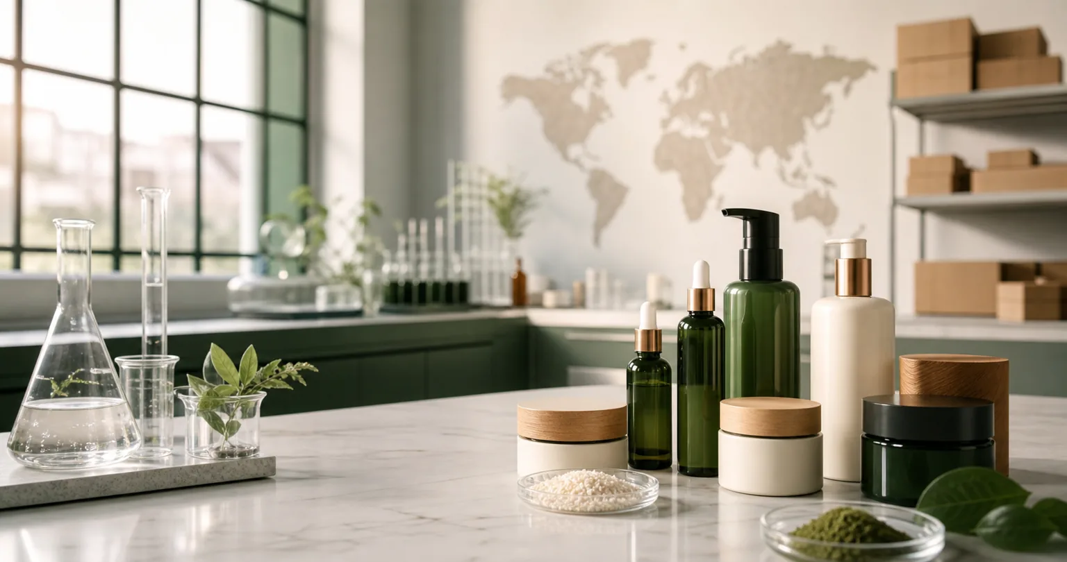 Unlabeled cosmetic jars, pumps, and serum bottles in a clean U.S. formulation and packaging workspace
